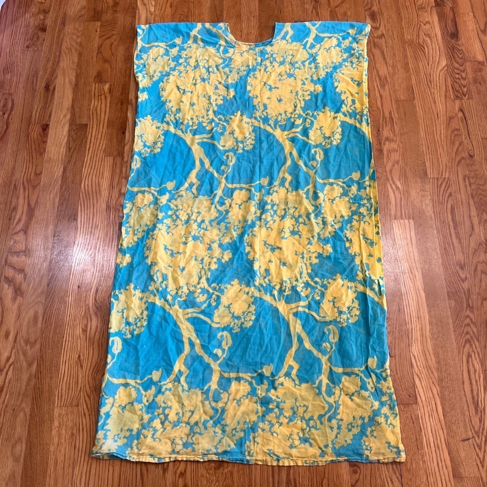 Aqua Topanga Studios Caftan Dress Yellow Blue Floral Beach Cover Up